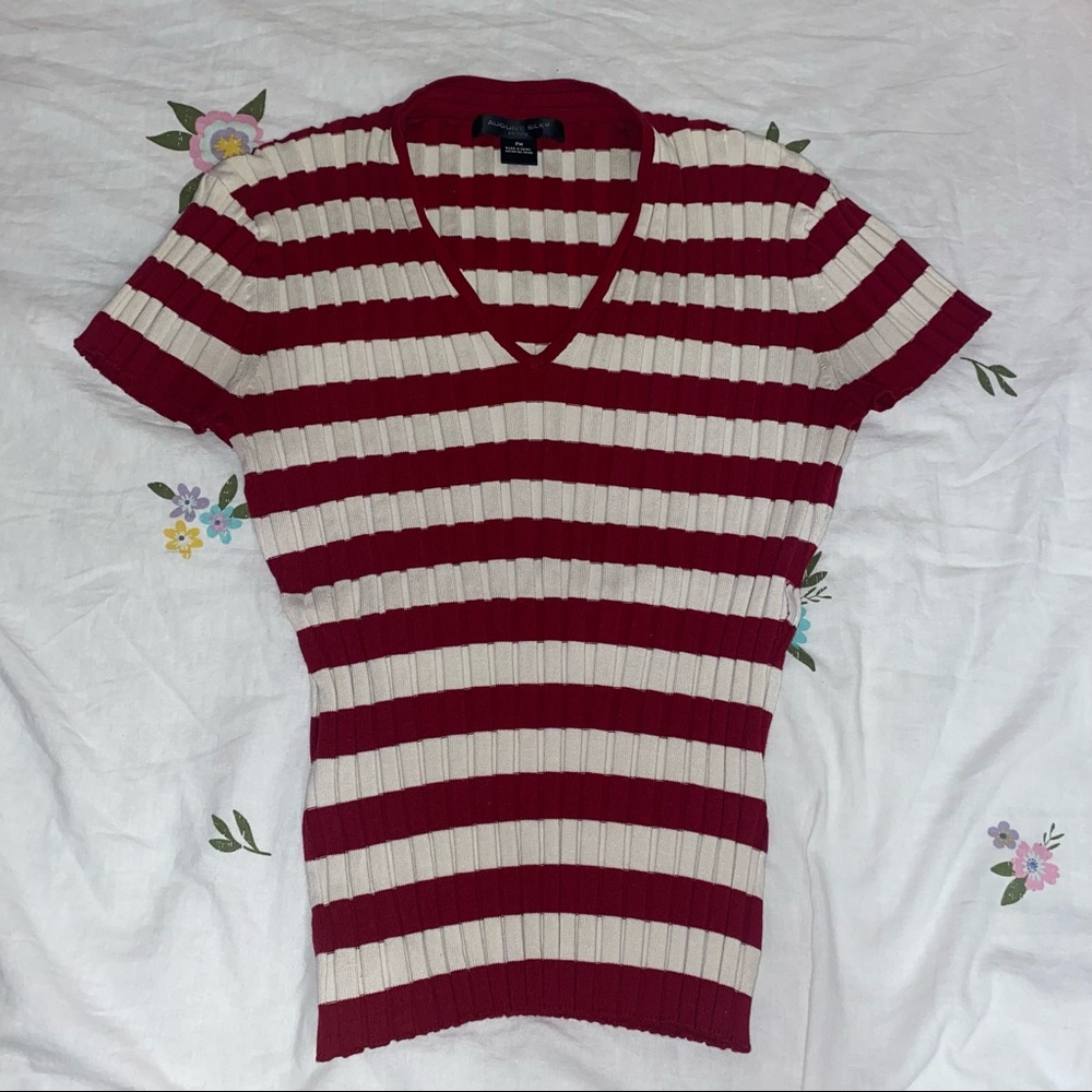 august silk red and cream horizontal striped top📌